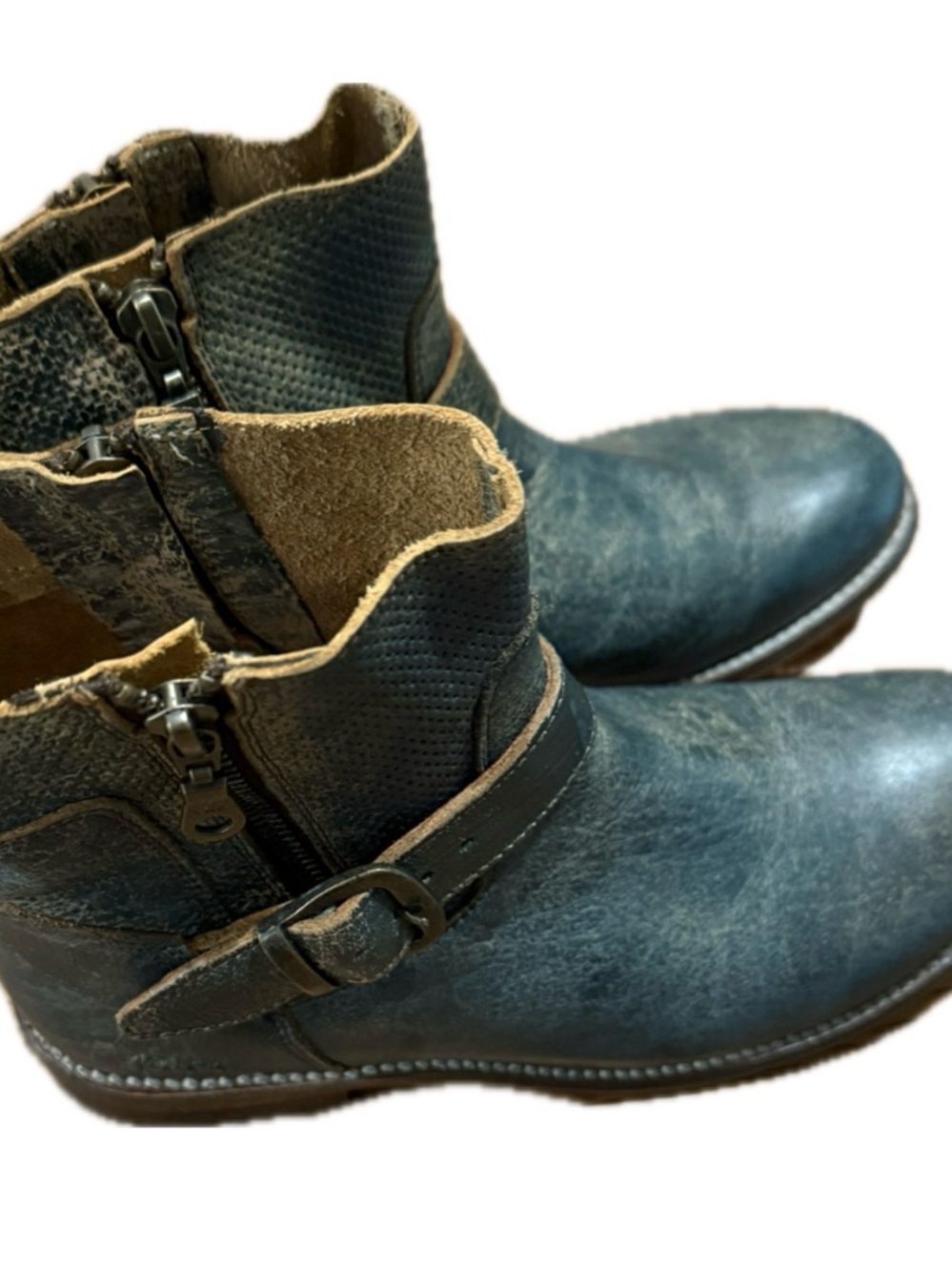 Bed Stu Distressed Teal Leather Ankle Boots with Side Zipper